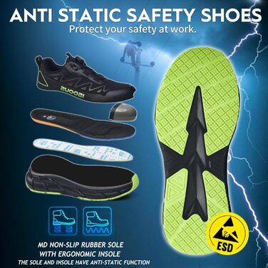 Черевики робочі чоловічі ISOOUS S3S, водонепроникні, ESD, з протиковзким покриттям, сталевий підносок (40 EU, чорний/зелений)