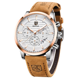 Годинник чоловічий Benyар Chronograph з кварцовим механізмом, водонепроникний, з нержавіючої сталі, для бізнесу, спорту та відпочинку (колір: коричневий, золотий, білий)