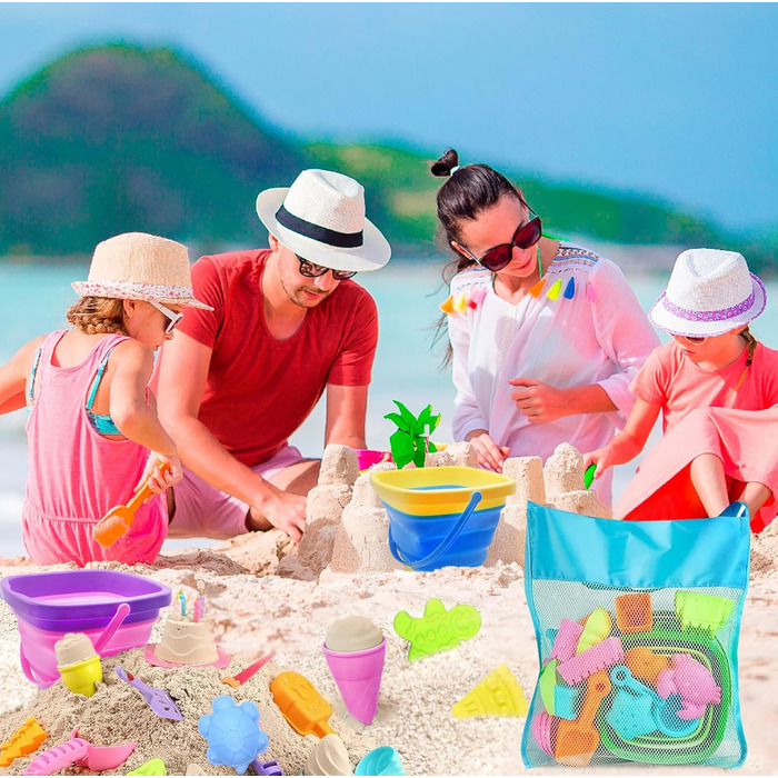 HOVIBU Beach Sand Toy for Kids, 35 Piece Beach Toy Set with Sand Shovel, Folding Bucket, Sand Molds, Mesh Bag Beach, Sandbox Toy Gifts for 3+ Years Girls Boys