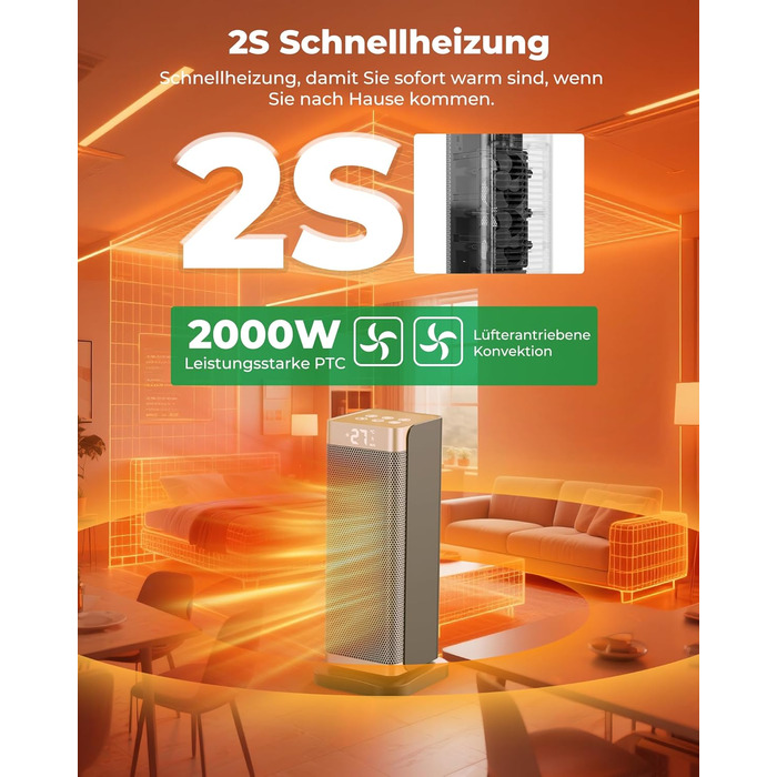 Електричний обігрівач 2000W з економним споживанням, тихий, 3 режими, PTC кераміка, швидкий нагрів, ECO режим, пульт ДУ, таймер 12H, поворот 70°, для офісу, спальні, ванної кімнати, золотий