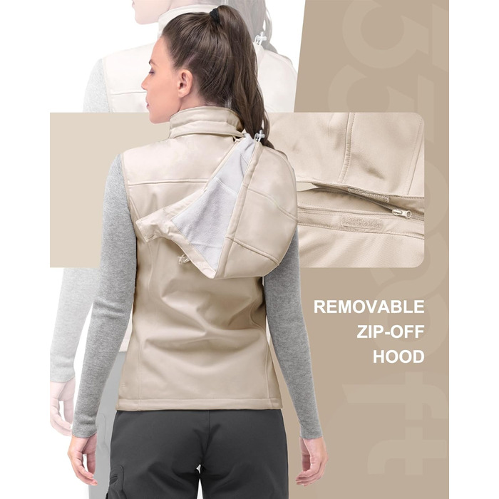 Жіночий софтшеллова жилетка 33000ft з капюшоном, флісовою підкладкою та 5 кишенями для їзди на конях, бігу, хайкінгу (4XL, світло-кахкі)