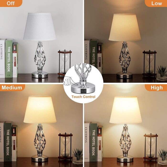 Настільна лампа Kakanuo 2 шт. з USB-портами (A+C), регульоване освітлення, сірий абажур, LED, для спальні, вітальні, офісу