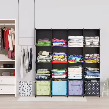 AWTATOS Closet with 16 Cubes, Storage Shelves, DIY Cube Shelf, PP Plug-in Shelf, Plastic, Kids' Shelf, Toy Shelf, Folding Closet, Shelves, Standalone Shelf, Black ULPZ017