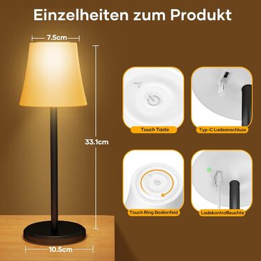 Бездротова LED лампа Suright для столу: регульоване світло, 3 кольори + RGB, сенсорне управління, IP54, для дому та відпочинку