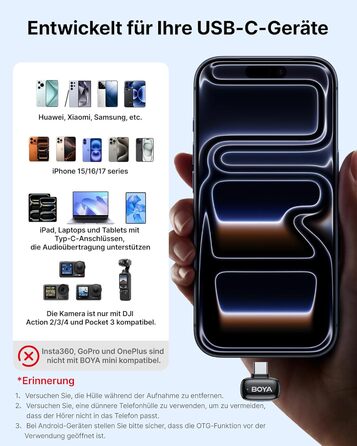 BOYA MINI 2 - Бездротовий мікрофон-лавал'єр для iPhone, Android, Vlogging, YouTube, Streaming. Чорний (2TX+1RX, Type-C)