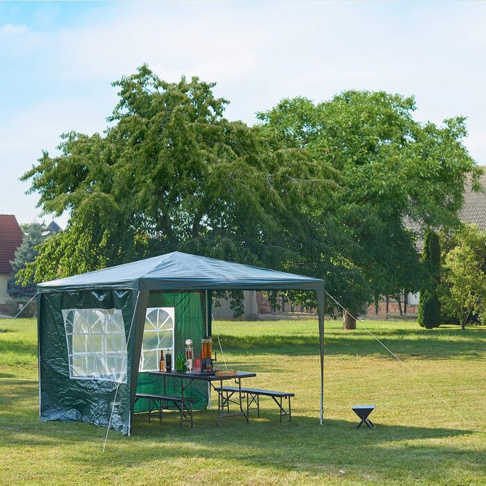 Relaxdays Pavilion 3x3 m, 2 Side Panels, Metal Frame, PE Fabric, Windows, Festival Party Tent, Enclosed, (Green)