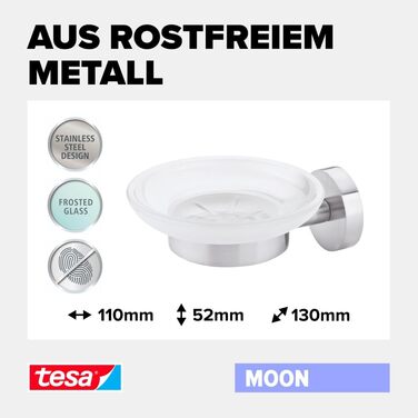 tesa Moon Soap Dish with Wall Holder, satin glass and chrome-plated stainless steel - for wall mounting without drilling, including adhesive solution - 110mm x 52mm x 130mm