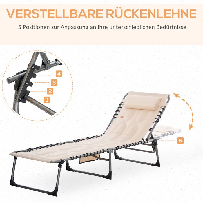 Outsunny Sun Lounger, foldable garden chair with headrest, side pocket, recliner with 5-position adjustable backrest, weather-resistant camping lounger with a weight capacity of 130 kg, for garden, beach, pool, Beige | Aosom