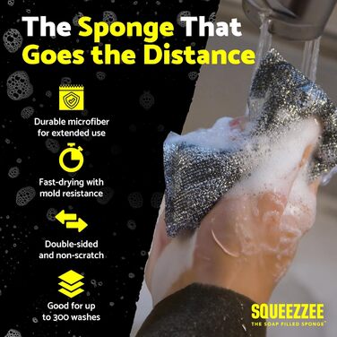 Squeezzee Soap-Filled Sponges – Scratch-Resistant Scrub Sponge with Built-in Dish Soap – Double-Sided Kitchen and Household Cleaning Sponges – Up to 300 Washes Per Sponge – 6 Pack