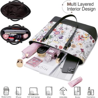 Bagsure Сумка жіноча 4 в 1: сумка-шопер, сумка на плече, ділова сумка для офісу, школи, подорожей (квітковий принт)