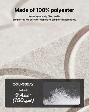 Акустичні панелі Soundsbay 12 шт, самоклейні звукопоглинаючі плити з поліестеру для шумоізоляції та декору стін, 30x30x0.9 см, світло-бежевий