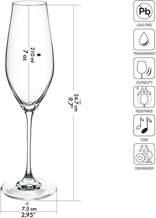 Набір келихів для шампанського Krosno Champagnergläser Set – 6 шт. | 210 мл | Колекція Splendour | Кристалічне скло, без свинцю | Елегантний дизайн з високою ніжкою | Для шампанського, просекко та урочистих подій