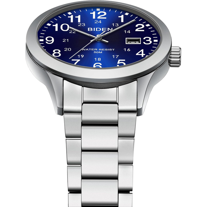 Годинник чоловічий LENQIN з нержавіючої сталі, аналоговий кварцовий годинник на зап'ястя, водостійкий 30M, стильний повсякденний годинник для чоловіків (01 - Сріблястий/Синій)