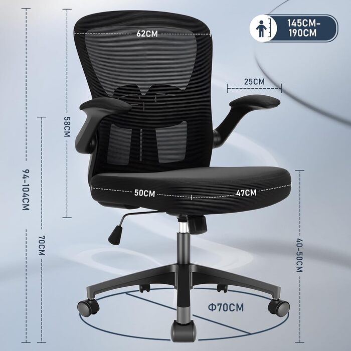 Ергономічне крісло для офісу та робочого столу з підйомними підлокітниками, регульованою підтримкою попереку, регульованою висотою поворотного сидіння та спинкою з сіткою, що нахиляється до 130°, чорне