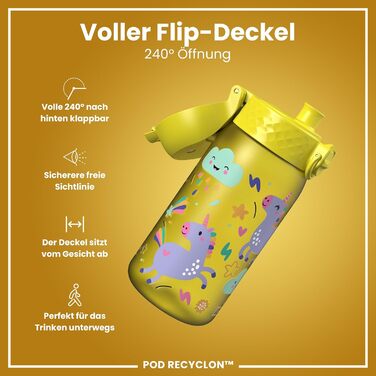 ion8 Insulated Stainless Steel Drinking Bottle 320 ml Leak-Proof One-Handed Opening Secure Locking Dishwasher-Safe Flip-Top Lid Carrying Handle Easy to Clean, Durable, Unicorn (Evo, Recyclon, Yellow)