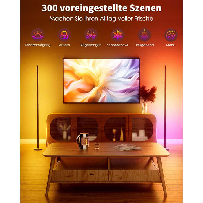 LED-підлогова лампа WISIMMALL з RGBIC підсвічуванням, 170 см, диммування, керування пультом/додаток, 16 млн кольорів, 300 режимів, музичний синхронізатор для вітальні, спальні, ігрової кімнати