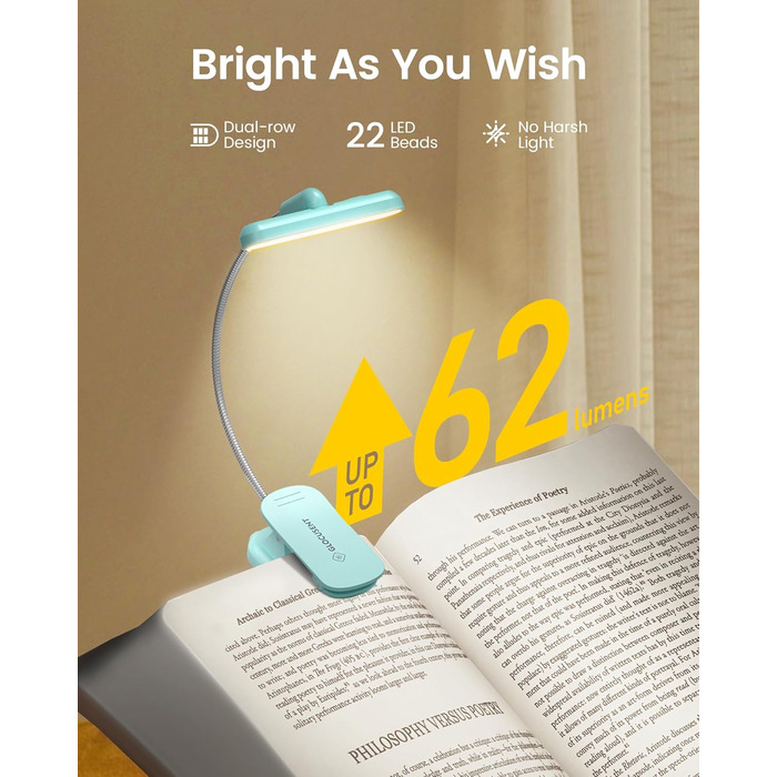 LED лампа для читання Glocusent з кріпленням на книгу, 22 світлодіоди, таймер, регулювання яскравості та кольору, акумулятор 1000 mAh (до 100 годин), для книголюбів, блакитна