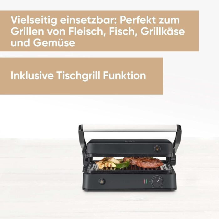 SEVERIN SEVINI Lite, Contact Grill for Meat, Fish & Vegetables, Ceramic-Coated Sandwich Maker for Fat-Free Grilling, Indoor Grill up to 220°C Heat, 1,800 W, black, KG 2398