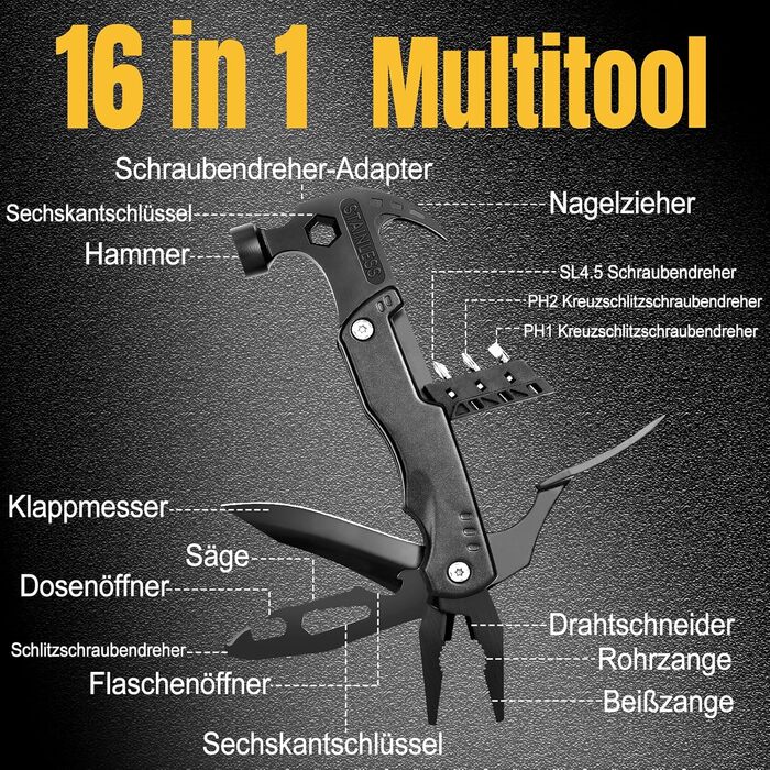 Мультитул 16 в 1 для чоловіків: подарунок на День батька, на ювілей, для кемпінгу (чорний)