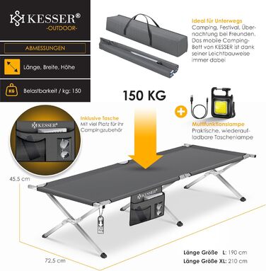 Кемпінгове ліжко KESSER® розкладне з сумкою, ліхтарем та бічною кишенею. Стабільне металеве ліжко для відпочинку та подорожей, 150 кг, 190/210 см. Оксфорд 600D.