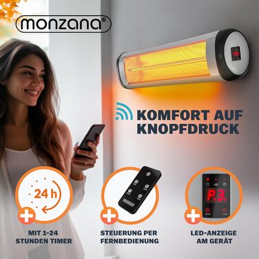 Інфрачервовий обігрівач MONZANA® MZH2501 з таймером, 2500W, 3 режими, 24 год, пульт ДУ, кут нахилу 90°, електричний, для тераси (сріблястий)