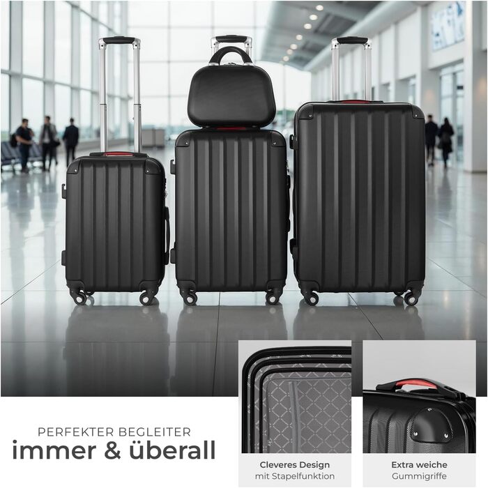 Набір валіз Tectake® 4 шт. з відстірними колесами 360°, валізи з жорсткою оболонкою та TSA-замком, велика валіза з роздільником, ручна валіза на телескопічному стійці - шампань (чорний)