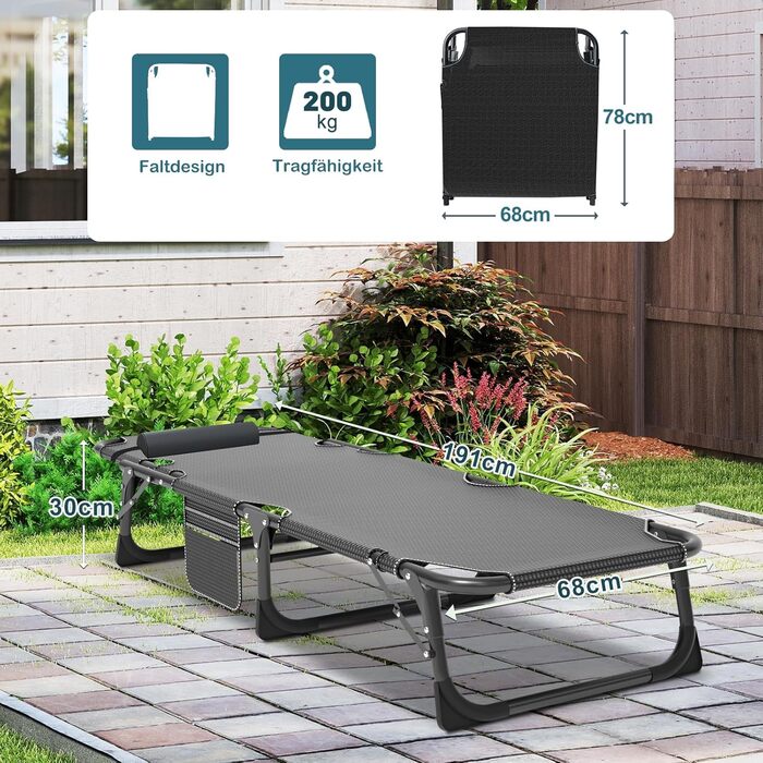 Зікбітюі Фельдбет (ліжко для відпочинку) складане з матрацом, вантажопідйомність 200 кг, гостьове/кемпінгове ліжко, 1200D Oxford, 190×71×36 см, для дорослих, з сумкою для транспортування, сірий/синій