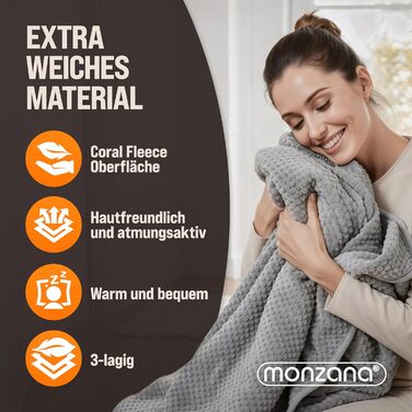 Електрична ковдра Monzana® 160x140 см з таймером, Coral Fleece, 2x60W, сіра, з захистом від перегріву, пральна, для дому