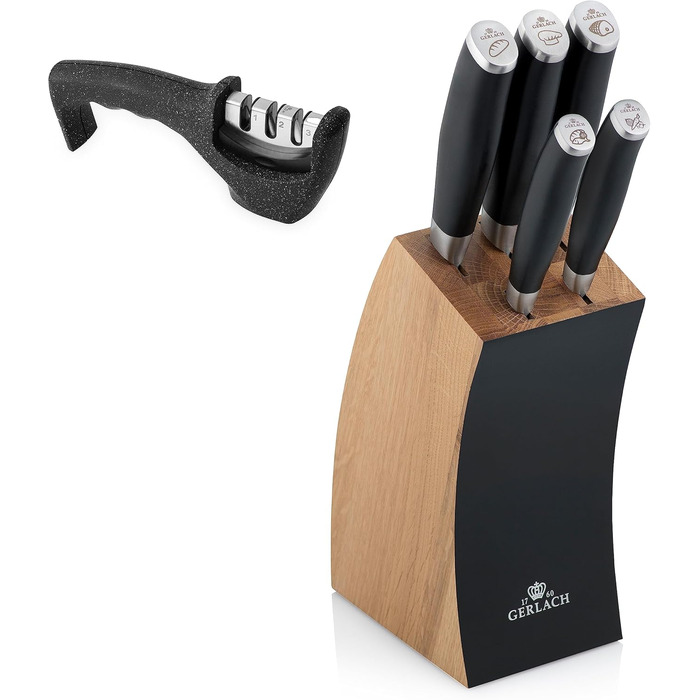Набір кухонних ножів Gerlach Deco Black з точильним каменем (5 шт.) в блоці з бука та нержавіючої сталі