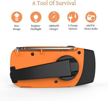 Радіо Solar Radio: портативне радіо з ручним приводом, динамо, AM/FM, 2000mAh Powerbank, ліхтарик LED, зарядка USB для мобільного телефону, для кемпінгу та відпочинку на природі, оранжевий колір