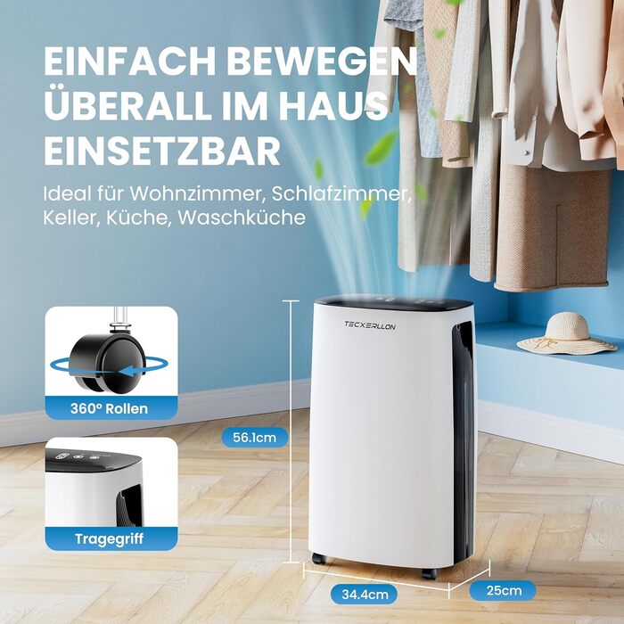 Електричний осушувач повітря 25л/день, 50㎡, з керуванням через додаток та сенсорною панеллю, для підвалу, бак 3.7л, злив по шлангу, 47dB, таймер 24г, захист від дітей, 3 роки гарантії