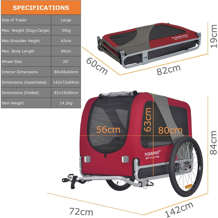 DOGGYHUT® Преміум великий вагон для собак на велосипед, 270 літрів, для середніх та великих собак (ЧЕРВОНИЙ)
