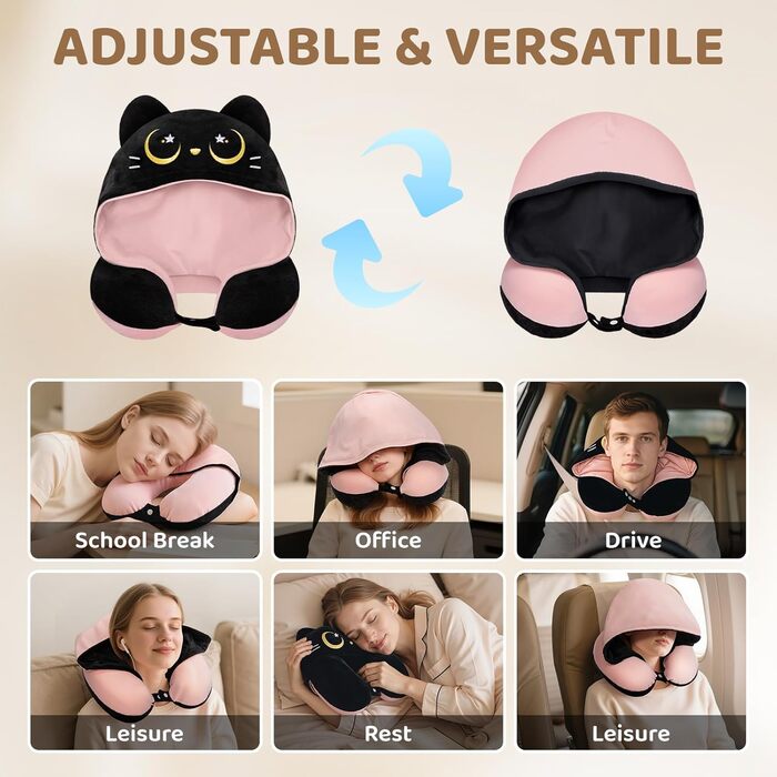 Подушка для шиї Mewaii для подорожей, двостороння подушка для дорослих, подушка для шиї з memory foam для літаків, подушка для шиї з котячою капюшоном, регульований ремінь (Рожева)