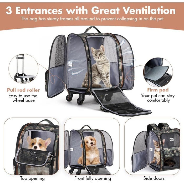 Рюкзак-переноска для котів та собак з візком 2-в-1, розширюваний, до 8 кг, камуфляж L