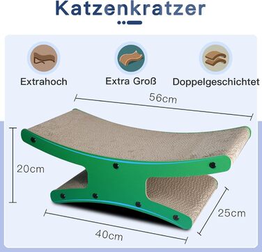 Котячий когтетоп з будиночком - XL когтетоп з подвійною стороною з гофрокартону 56x26x20cm - Стабільне ліжко-лежанка з м'ячем (натуральне дерево)
