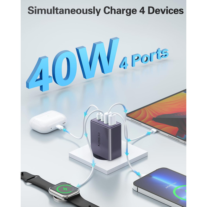 Мережевий адаптер USB C 40W з 4 портами, швидка зарядка, універсальний зарядний пристрій для iPhone, iPad, Samsung та інших телефонів (білий/фіолетовий)