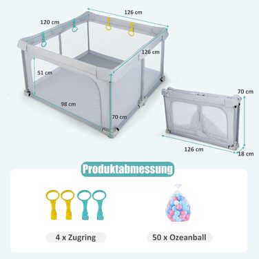 DREAMADE Playpen Baby, 126 x 126 cm Playard Folding with 50 Play Balls & 4 Pull Rings, Safety Net with Breathable Mesh & Zipper (Light Grey)