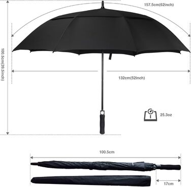 Стійкий до вітру парасолька-тростина XL/XXL, автоматична, з подвійним вентиляційним отвором - високоякісна для жінок та чоловіків, ідеальна як гольф-парасолька, чорна, 62 дюйми (157 см)