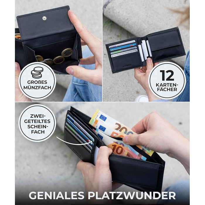 KORUTA® Men's Wallet Black with RFID Protection | Genuine Leather Bifold Wallet Large 13 Compartments Money Clip Wallet for Men Wallet Portmonee Made of Genuine Leather (Black)
