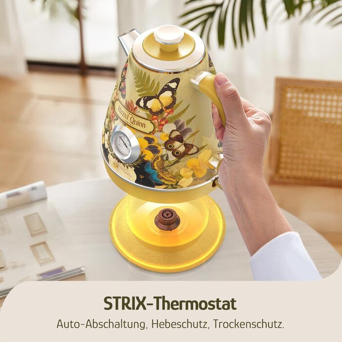 Електричний чайник Hazel Quinn з нержавіючої сталі, без BPA, STRIX-контролер, поворотна база 360°, індикатор температури, ретро-дизайн, автоматичне відключення, 2200 Вт, 1.7 л, м'ятно-зелений