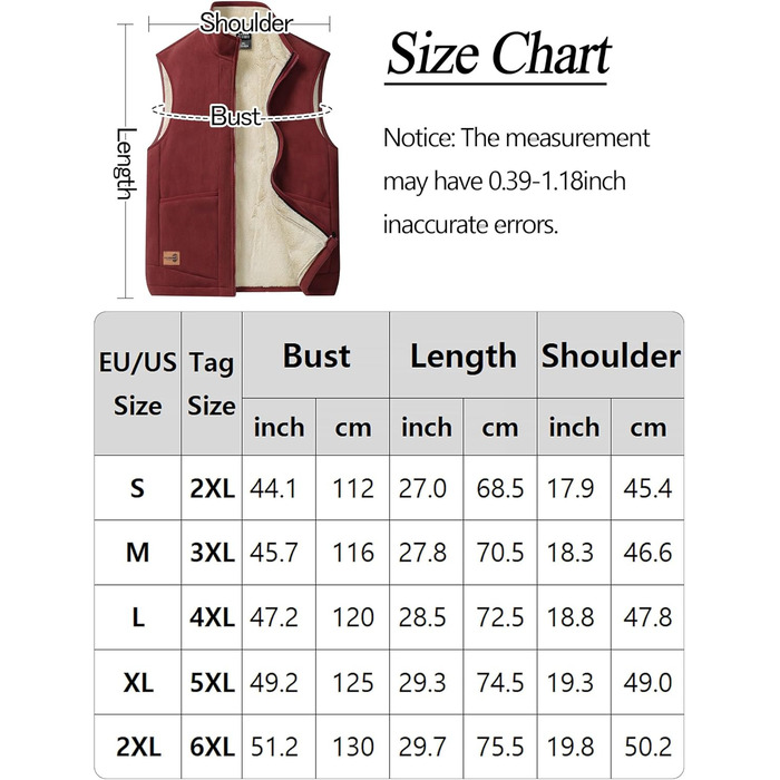 Чоловіча флісова жилетка AIEOE для осені та зими - тепла жилетка з 4 кишенями, стійким коміром, без рукавів - червона, розмір L