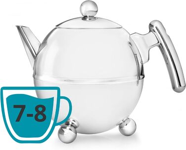 Bredemeijer round, double-walled stainless steel teapot, 1.2 Liter with chrome-colored handle (1.5 l)