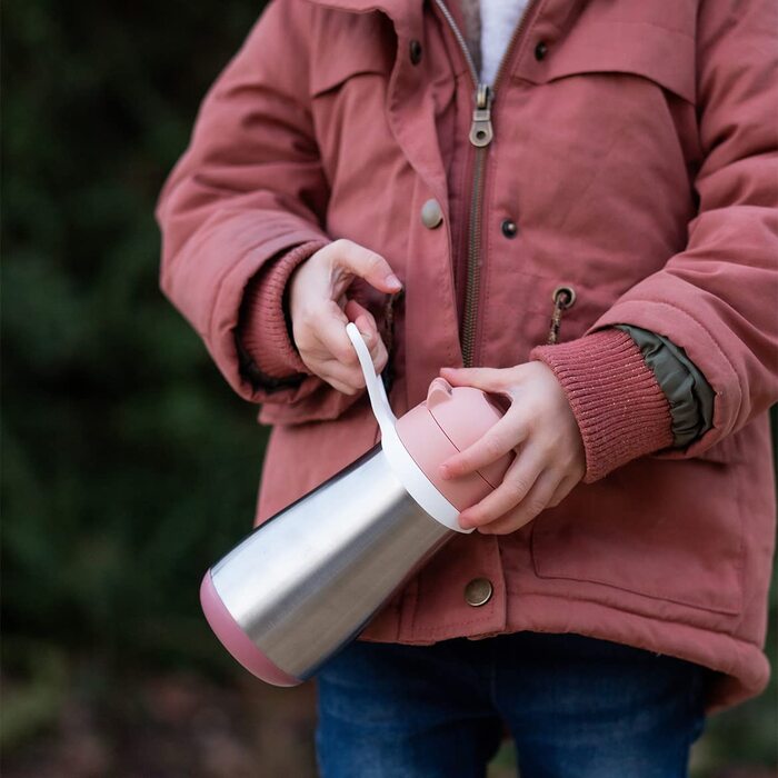 BÉABA, 2-in-1 Stainless Steel Kids' Drinking Bottle, Bottle/Glass Functionality, Push-Button for Easy Opening, Stable, Healthy, Detachable Handles, Stainless Steel Cold/Warm Insulation Function, 350ml, Old Pink