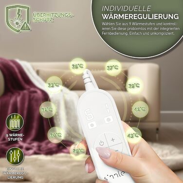 Електрична гріюча ковдра Sinnlein® з автоматичним вимкненням 160 x 120 см | 9 температурних режимів | Ковдра для ліжка, дивана | З таймером та цифровим дисплеєм, винного кольору