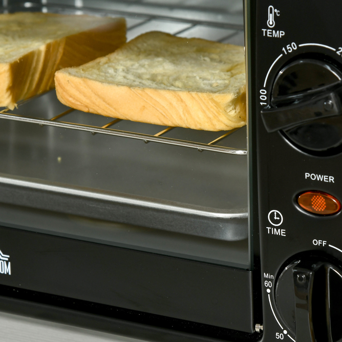 HOMCOM Міні-духовка 10 л, 750 Вт, до 230°C з таймером 60 хв, невелика електродуховка з декою та решіткою 36,5x26x22 см, чорна