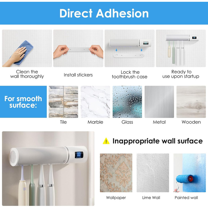 Wall-mounted toothbrush holder, electric toothbrush holder, single cleaner for bathrooms, with automatic inductive opening/closing, clean, dry, for home, travel (4 compartments)