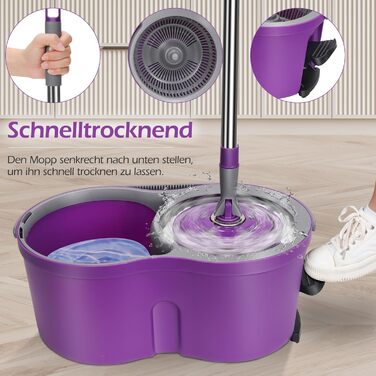 MASTERTOP Набір для миття підлоги з відром, моп з нержавіючою сталею та 3 мікрофібровими накладками, професійний набір для миття підлоги з відром та функцією віджиму - фіолетовий