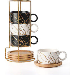 Набір чашок кавових Cappuccino HOME DECOR - 4 шт. по 160 мл з підставками та стійкою - 160 мл, кераміка, для еспресо, капучино, лате, мармурова колекція