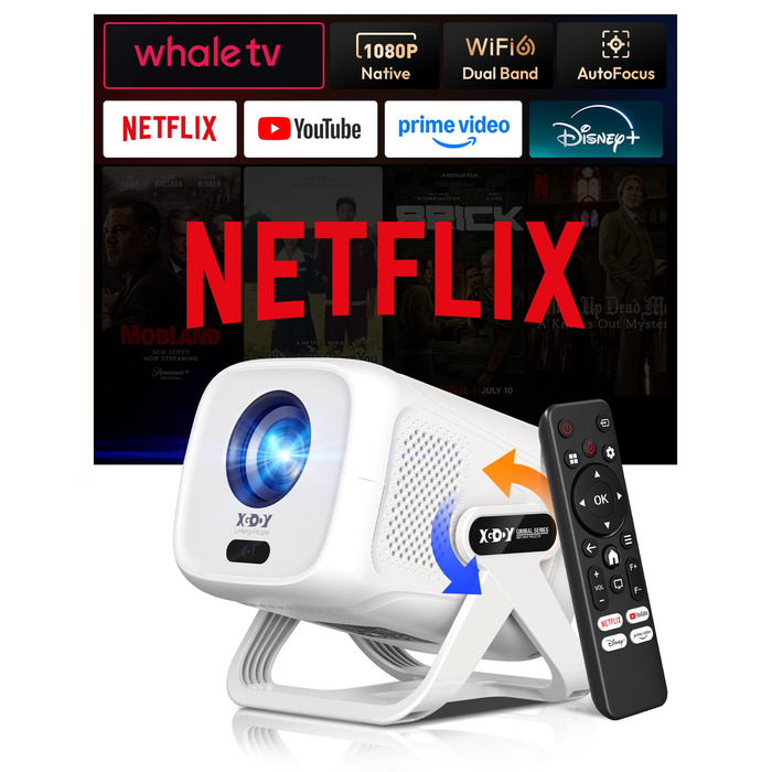 Портативний проєктор N5 1080P з WiFi та Bluetooth, сумісний з Netflix, обертовий на 135°, автоматична корекція трапецеїдальних спотворень, фільтр від пилу