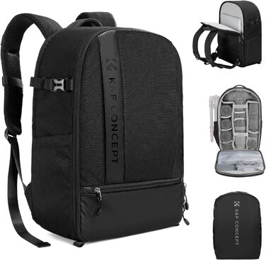 Рюкзак для камери K&F Concept 18L сірий з відділенням для ноутбука 15.6 дюймів та захистом від дощу, для DSLR/штатива/аксесуарів